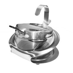 γυαλινο δοχειο για ζαχαρη με ανοξειδωτο καπακι, βαση και κουταλακι